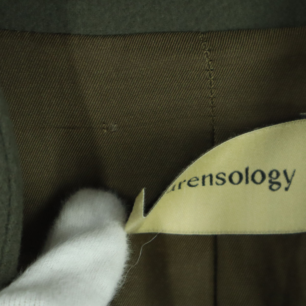 美品 Curensology カレンソロジー 長袖 ベルト付き ノーカラー ガウンコート F カーキ レディース