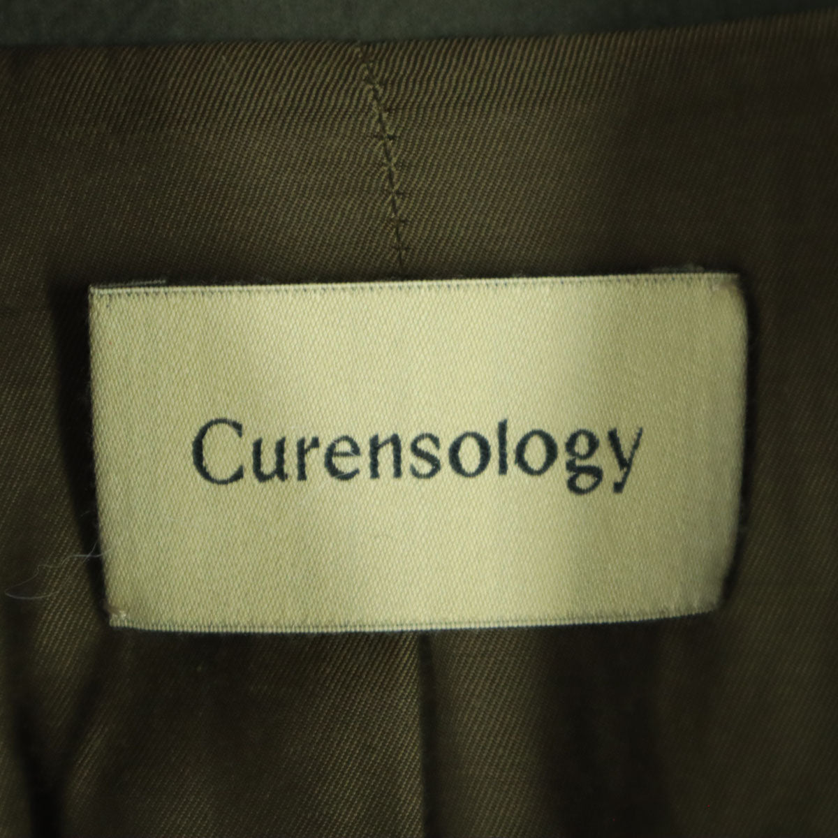 美品 Curensology カレンソロジー 長袖 ベルト付き ノーカラー ガウンコート F カーキ レディース
