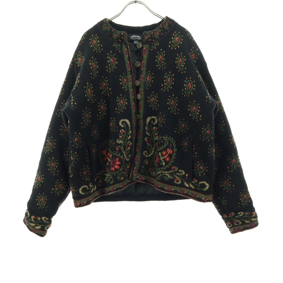 ICELANDIC DESIGN アイスランディックデザイン ウール ペイズリー柄 長袖 ノーカラー ニット カーディガン L ブラック 中綿入り レディース