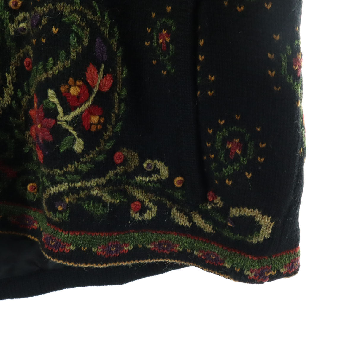 ICELANDIC DESIGN アイスランディックデザイン ウール ペイズリー柄 長袖 ノーカラー ニット カーディガン L ブラック 中綿入り レディース