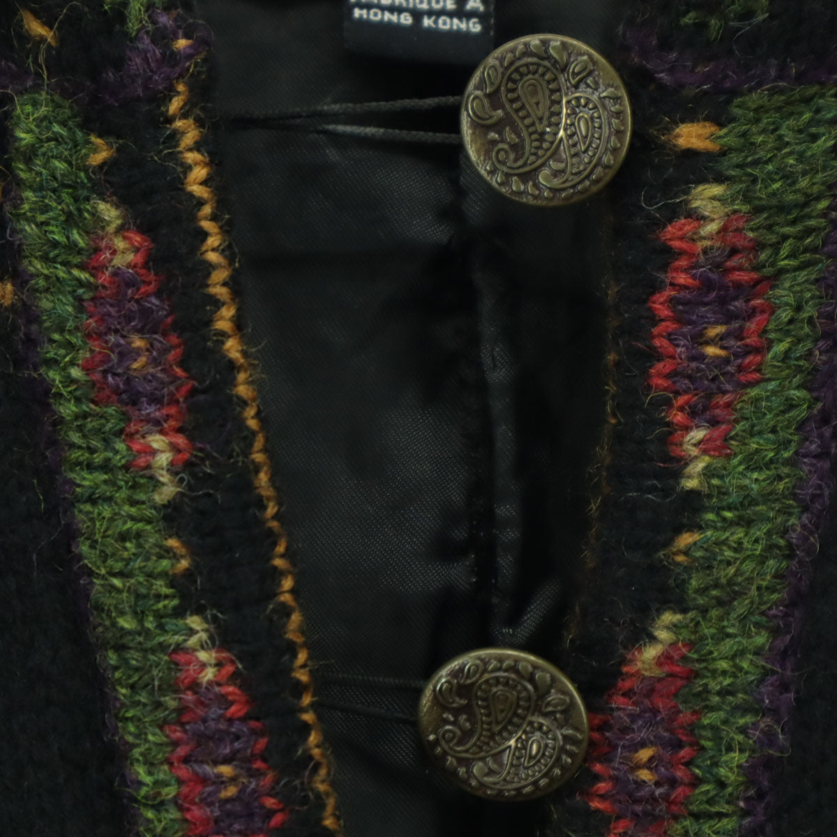 ICELANDIC DESIGN アイスランディックデザイン ウール ペイズリー柄 長袖 ノーカラー ニット カーディガン L ブラック 中綿入り レディース