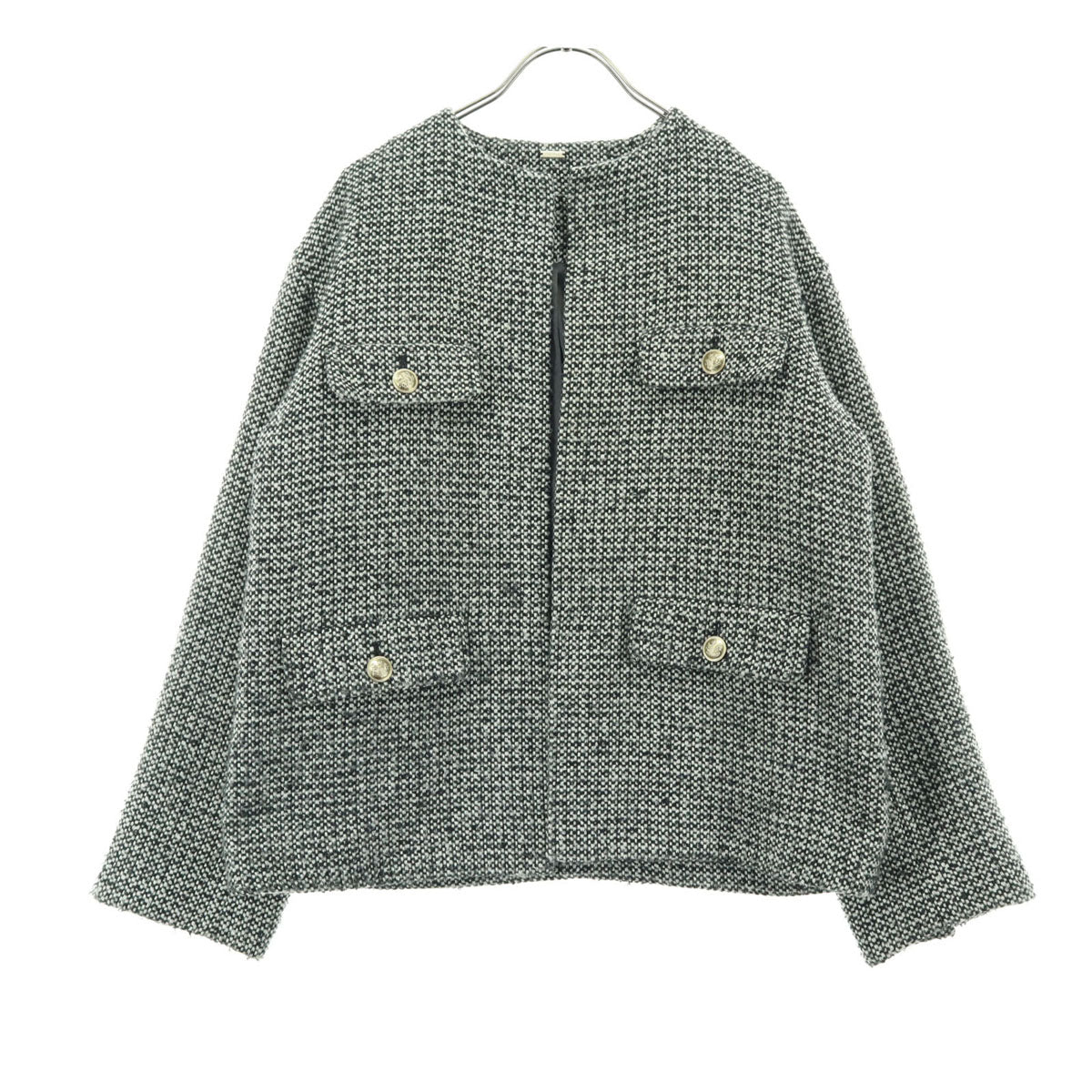 美品 Mila Owen ミラオーウェン ツイード 金ボタン ノーカラージャケット O グレー 09WFJ234015 レディース