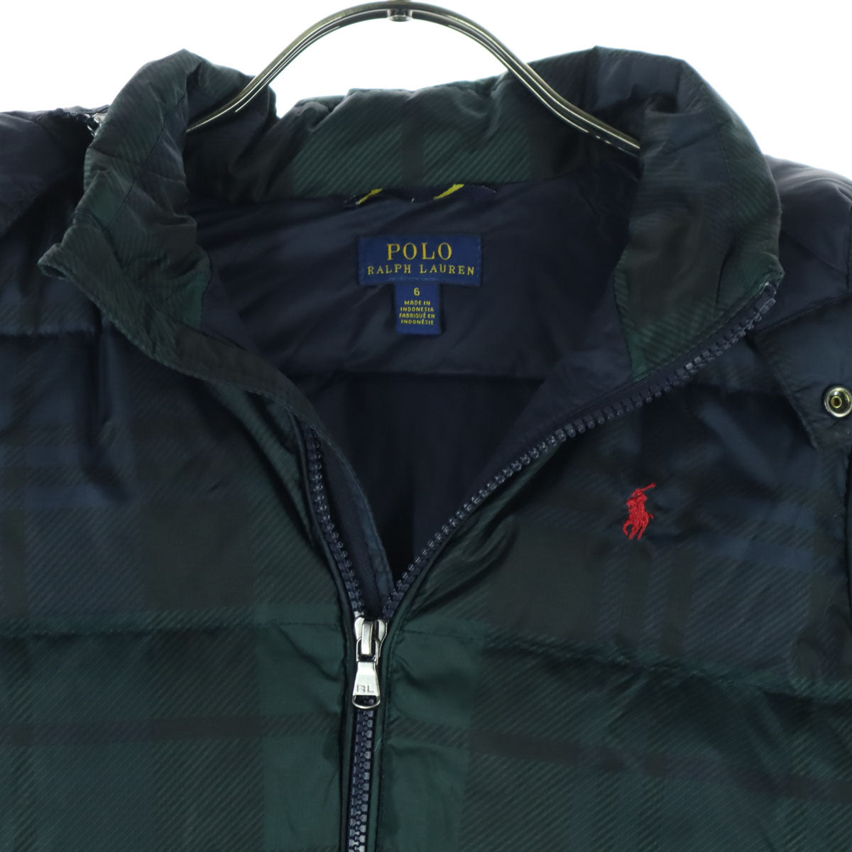 美品 RALPH LAUREN ラルフローレン チェック柄 フード取外し可 ダウンジャケット 6 グリーン キッズ