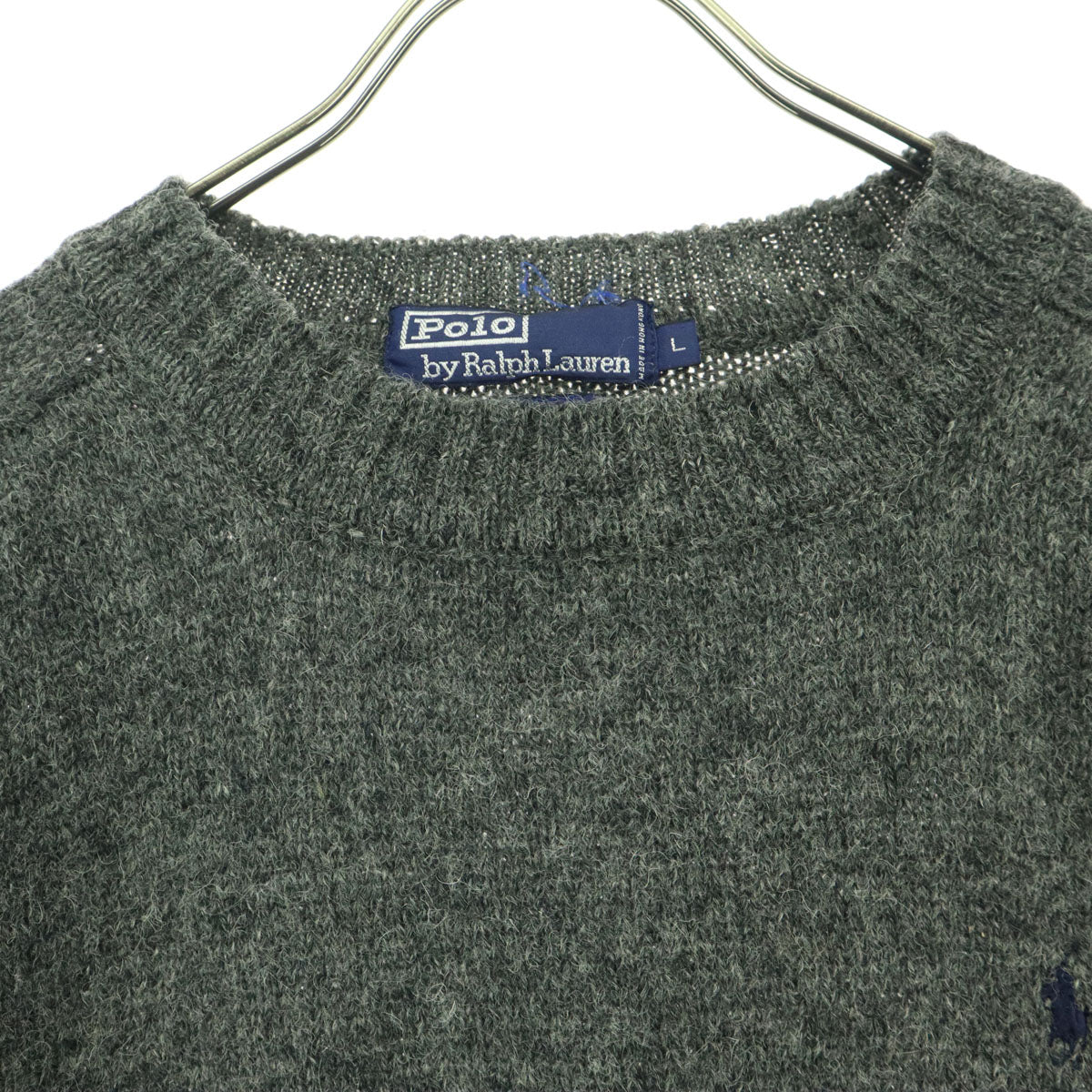 美品 RALPH LAUREN ラルフローレン ロゴ刺繍 長袖 ウール セーター L グレー メンズ