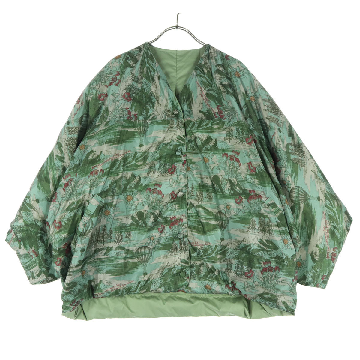 manipuri マニプリ リバーシブル ボタニカル柄 長袖 ダウンジャケット F ブルー系 グリーン レディース