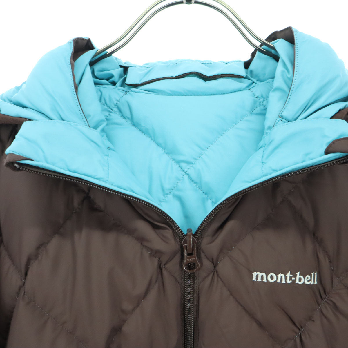 美品 mont-bell モンベル 英字 長袖 ダウンジャケット 150 ブルー リバーシブル フード取り外し可 キッズ
