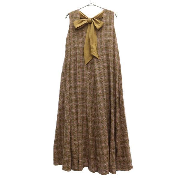 Mila Owen ミラオーウェン リネンブレンド チェック柄 ノースリーブ ワンピース 0 ブラウン系 バックリボン レディース