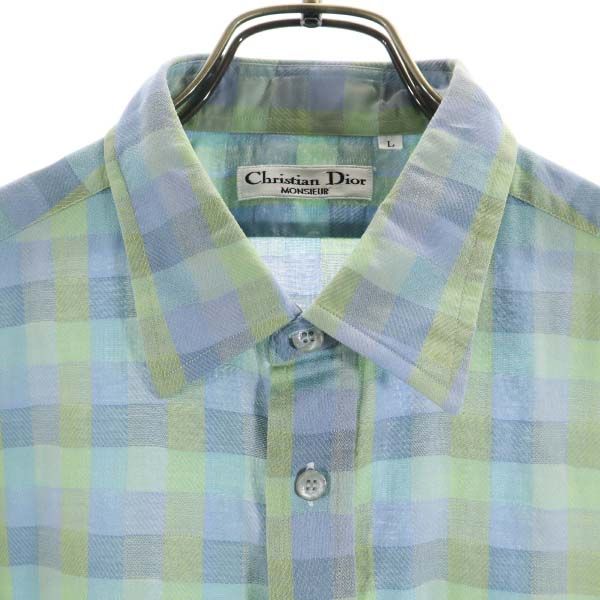 Christian Dior クリスチャンディオール 格子柄 半袖 シャツ L ブルー系 メンズ