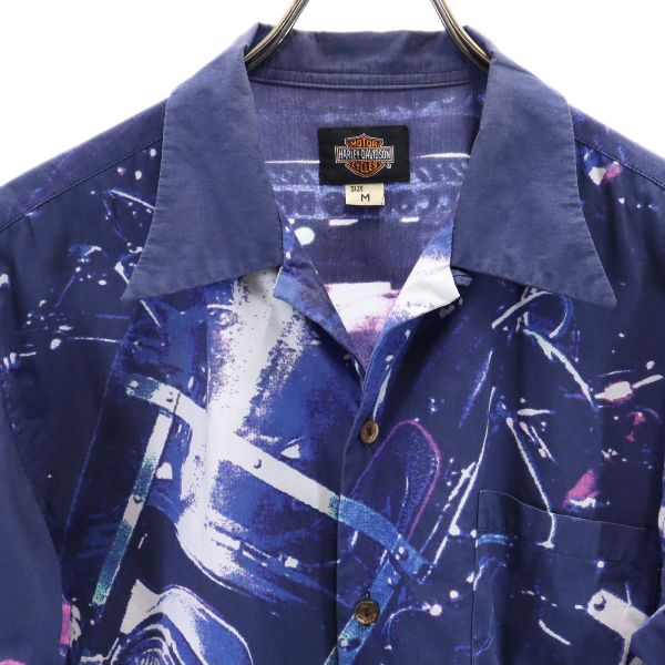 HARLEY DAVIDSON ハーレーダビッドソン 総柄 半袖 オープンカラーシャツ M ネイビー メンズ