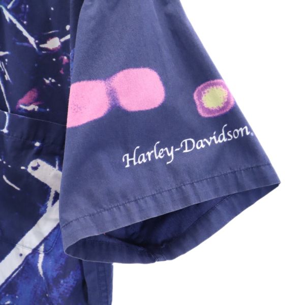 HARLEY DAVIDSON ハーレーダビッドソン 総柄 半袖 オープンカラーシャツ M ネイビー メンズ