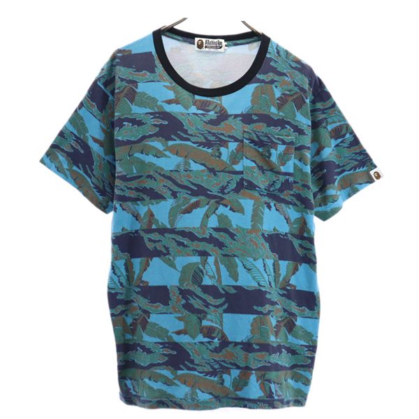 A BATHING APE アベイシングエイプ 日本製 総柄 半袖 Tシャツ L ブルー系 ポケT メンズ