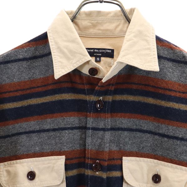 COMME des GARCONS HOMME コムデギャルソンオム 2013年 日本製 ウールブレンド ボーダー柄 長袖 シャツ S ベージュ×グレー×紺 メンズ
