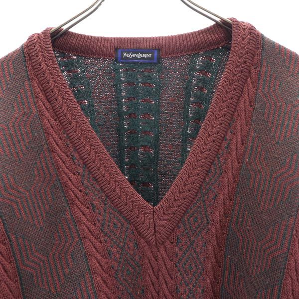 YVES SAINT LAURENT イヴサンローラン 90s ウール 総柄 長袖 Vネック セーター L パープル系 ニット メンズ