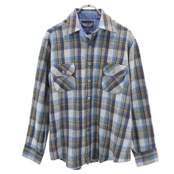 COUNTRY TOUCH 70s ヴィンテージ ウールブレンド チェック柄 長袖 シャツ L 青系 メンズ
