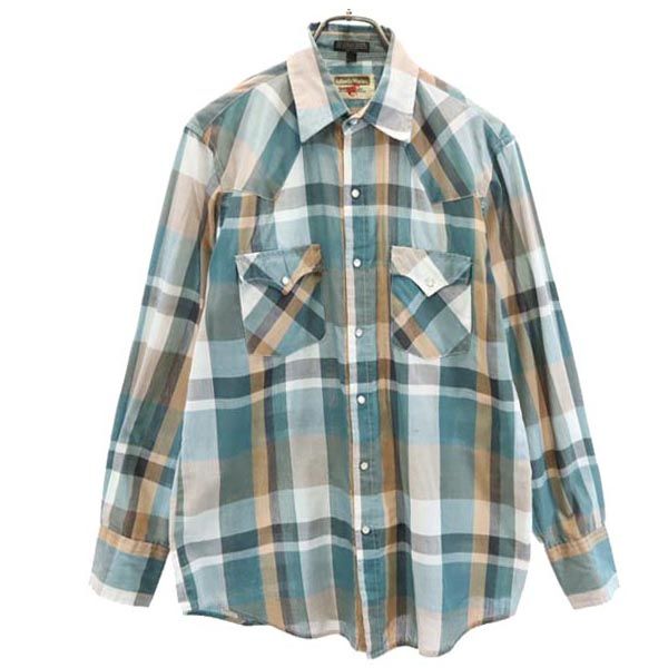 VINTAGE ヴィンテージ 70s チェック柄 長袖 ウエスタンシャツ M グリーン系 メンズ