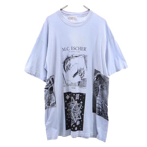 M C Escher マウリッツエッシャー 90s USA製 マルチ だまし絵 プリント 半袖 Tシャツ 青系 メンズ