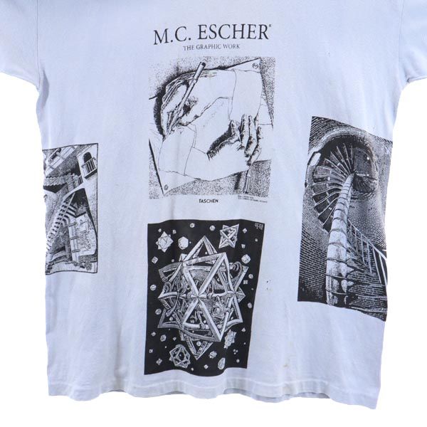 M C Escher マウリッツエッシャー 90s USA製 マルチ だまし絵 プリント 半袖 Tシャツ 青系 メンズ