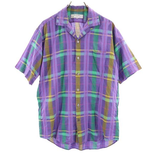 LANVIN STUDIO ランバンスタジオ チェック柄 半袖 オープンカラーシャツ 48 紫系 メンズ