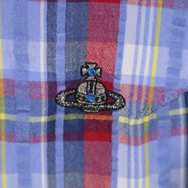 ヴィヴィアンウエストウッド 日本製 チェック柄 長袖 シアサッカー ボタンダウンシャツ 46 水色系 Vivienne Westwood メンズ