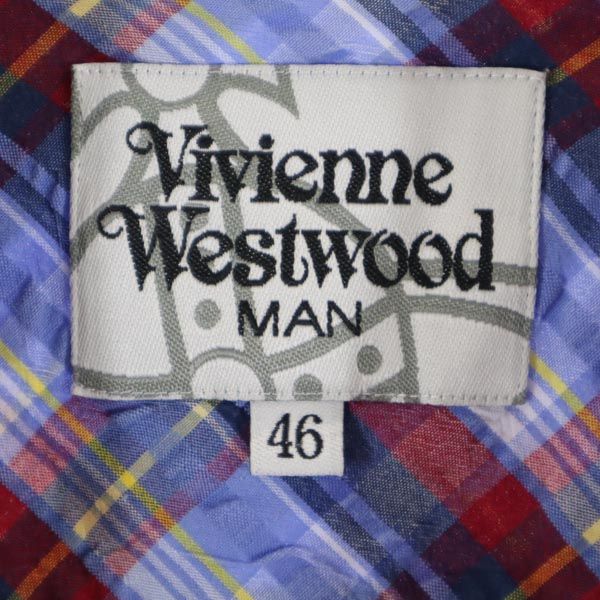 ヴィヴィアンウエストウッド 日本製 チェック柄 長袖 シアサッカー ボタンダウンシャツ 46 水色系 Vivienne Westwood メンズ