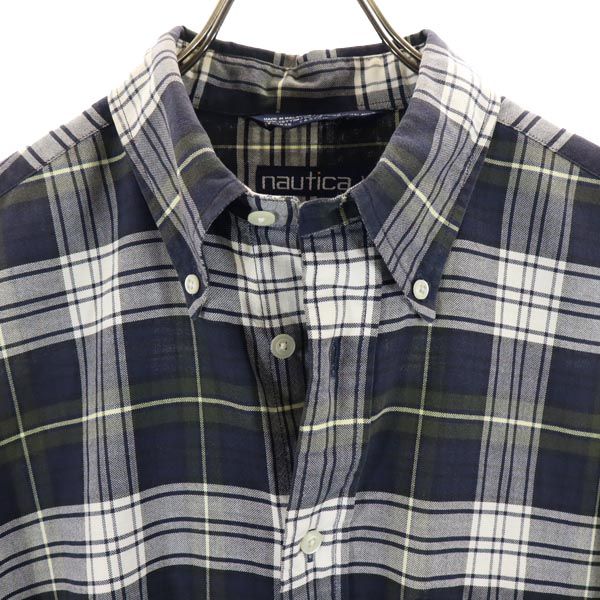 NAUTICA ノーティカ 90s オールド チェック柄 長袖 ボタンダウンシャツ L ネイビー系 メンズ