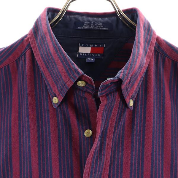 TOMMY HILFIGER トミーヒルフィガー 90s オールド フラッグタグ ストライプ柄 長袖 ボタンダウンシャツ L えんじ×ネイビー メンズ