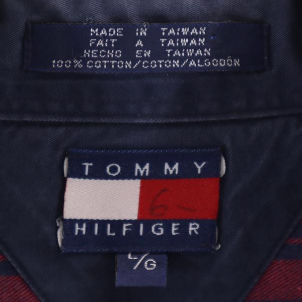 TOMMY HILFIGER トミーヒルフィガー 90s オールド フラッグタグ ストライプ柄 長袖 ボタンダウンシャツ L えんじ×ネイビー メンズ