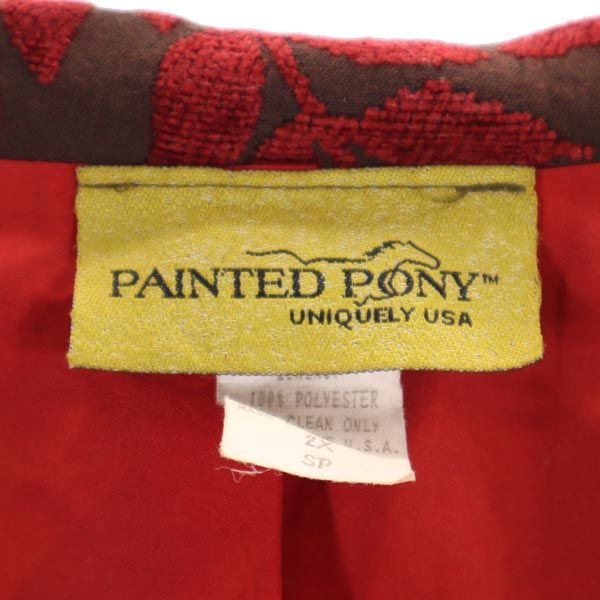 Painted Pony 80s 90s オールド USA製 リーフ柄 ノーカラージャケット 2X ブラウン×レッド レディース