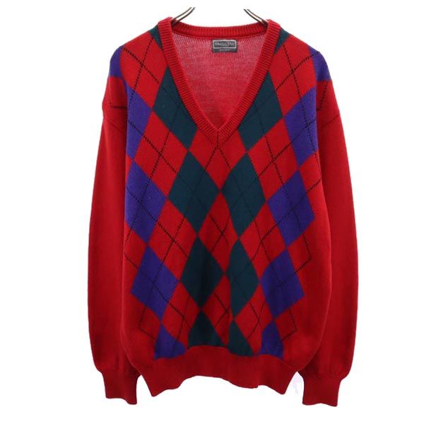 Christian Dior クリスチャンディオール 90s オールド ウール アーガイル 長袖 Vネック ニット M 赤系 セーター メンズ