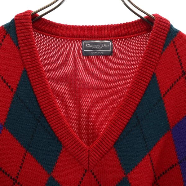 Christian Dior クリスチャンディオール 90s オールド ウール アーガイル 長袖 Vネック ニット M 赤系 セーター メンズ