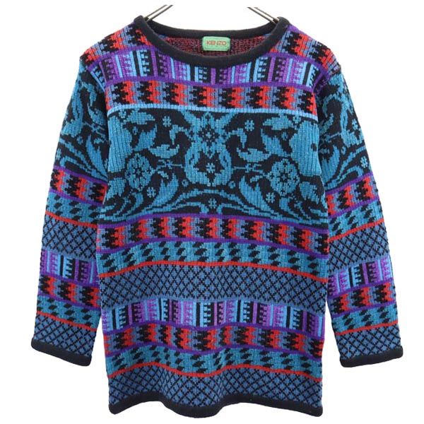 KENZO ケンゾー 90s 日本製 オールド 総柄 長袖 クルーネック ニット M ブルー系 長袖セーター メンズ