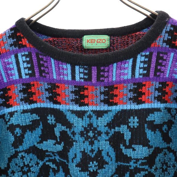 KENZO ケンゾー 90s 日本製 オールド 総柄 長袖 クルーネック ニット M ブルー系 長袖セーター メンズ