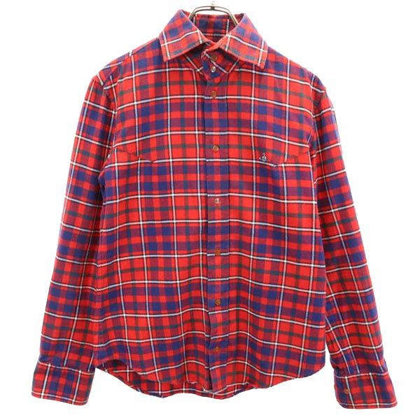 ヴィヴィアンウエストウッドマン 長袖 チェックシャツ 46 レッド系 Vivienne WestwoodMAN ロゴ メンズ