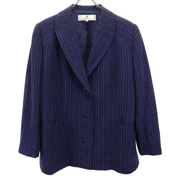ジバンシィ 90s オールド ウール ストライプ柄 クロップド パンツスーツ 上下 セットアップ 44 ネイビー系 GIVENCHY ビッグサイズ レディース