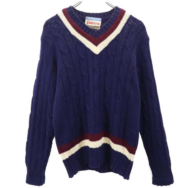 ジャンセン 70s ウール ヴィンテージ ケーブル編み 長袖 Vネック セーター M ネイビー系 Jantzen ニット メンズ