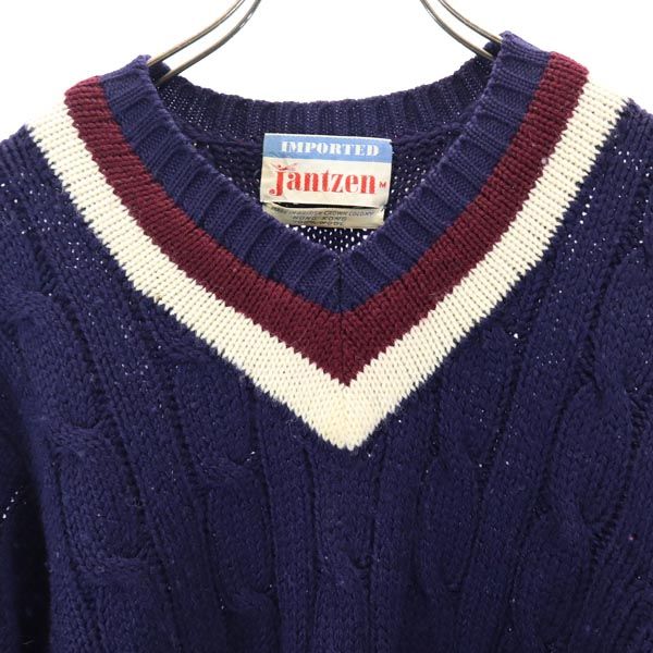 ジャンセン 70s ウール ヴィンテージ ケーブル編み 長袖 Vネック セーター M ネイビー系 Jantzen ニット メンズ