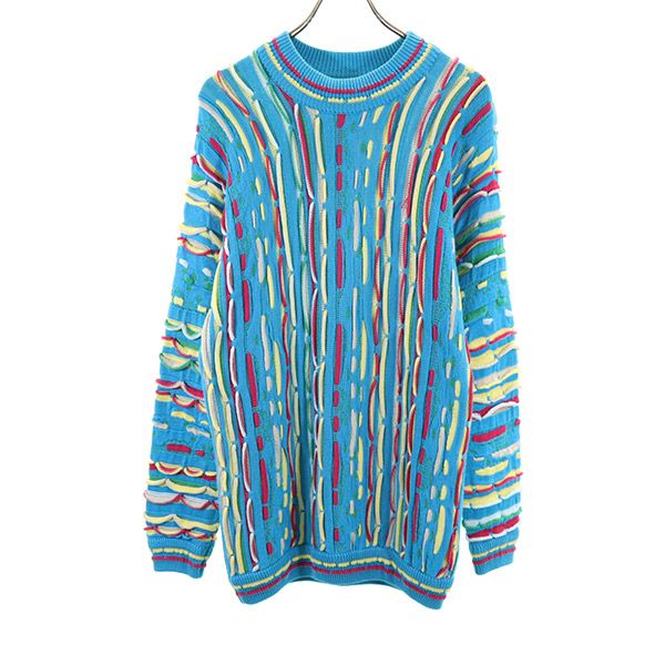 COOGI クージー 90s オールド 3D 総柄 長袖 コットン セーター S 水色系 ニット メンズ