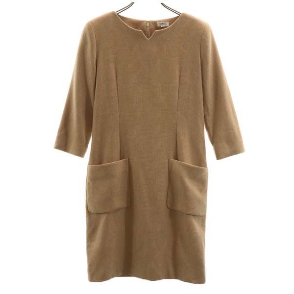 フォクシー ウール 格子 ウール 長袖 ワンピース 40 オレンジ FOXEY レディース