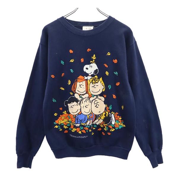 PEANUTS ピーナッツ オールド USA製 ロゴプリント 長袖 スウェット トレーナー M ネイビー PEANUTS 裏起毛 スヌーピー メンズ