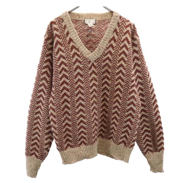 Dunhill ダンヒル 80s ヴィンテージ 総柄 長袖 Vネック ウール セーター L ブラウン系 ニット メンズ