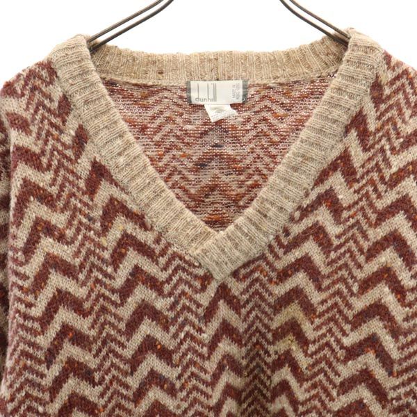 Dunhill ダンヒル 80s ヴィンテージ 総柄 長袖 Vネック ウール セーター L ブラウン系 ニット メンズ