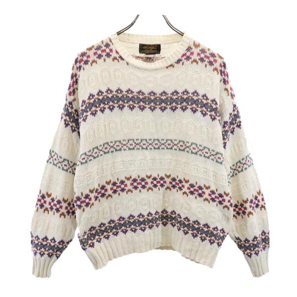 Eddie Bauer エディーバウアー 90s USA製 オールド 黒タグ 総柄 長袖 コットン セーター M ホワイト系 ニット レディース