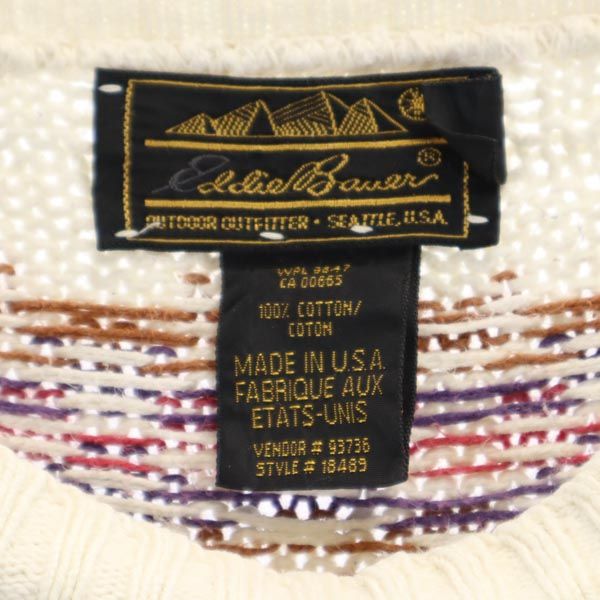 Eddie Bauer エディーバウアー 90s USA製 オールド 黒タグ 総柄 長袖 コットン セーター M ホワイト系 ニット レディース