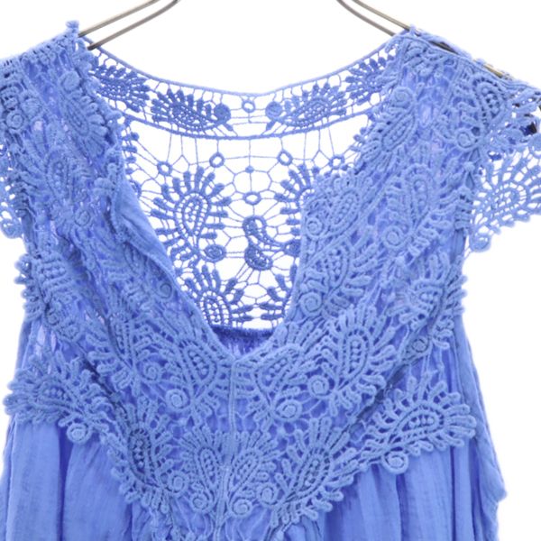 T・H COMPANY ノースリーブ レース切替 ブラウス M-L ブルー T・H COMPANY レディース