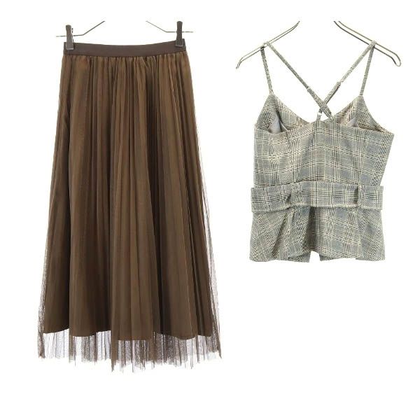 未使用 Rirandture リランドチュール チェック キャミソール 上下 セットアップ 1 グレー×ブラウン プリーツスカート レディース