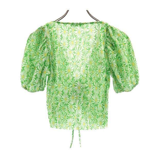 未使用 ZARA ザラ 総花柄 半袖 カットソー S グリーン系 ショート丈 レディース