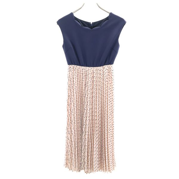 新品 Bonnsylph ノースリーブ スカラップ ネック ワンピース 0 紺 ピンク ウエスト切り替え ハート 総柄 プリーツ レディース