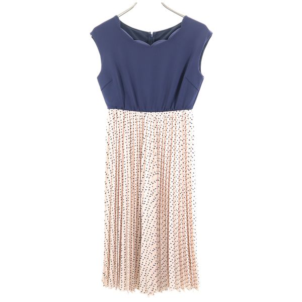 新品 Bonnsylph ノースリーブ スカラップ ネック ワンピース 1 紺 ピンク ウエスト切り替え ハート 総柄 プリーツ レディース
