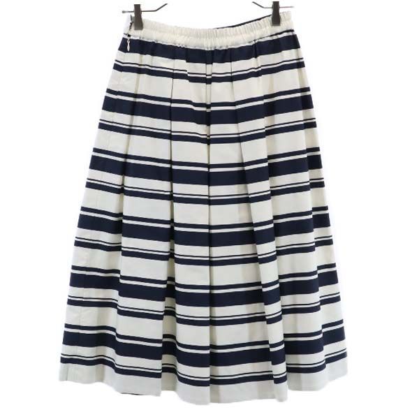 未使用 Unaca アナカ ボーダー柄 ロング丈 ボックス プリーツスカート 36 ホワイト×濃紺 レディース