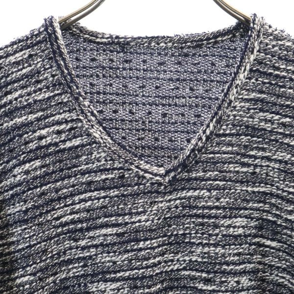 総柄 長袖 Vネック セーター L 紺×白 タグカット品 メンズ